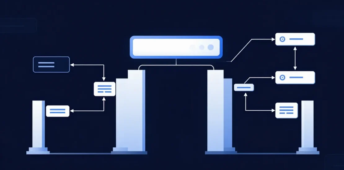 Abstract digital art of AI algorithm flows passing through patent approval gate structures in a blue and white minimalist design on a dark background