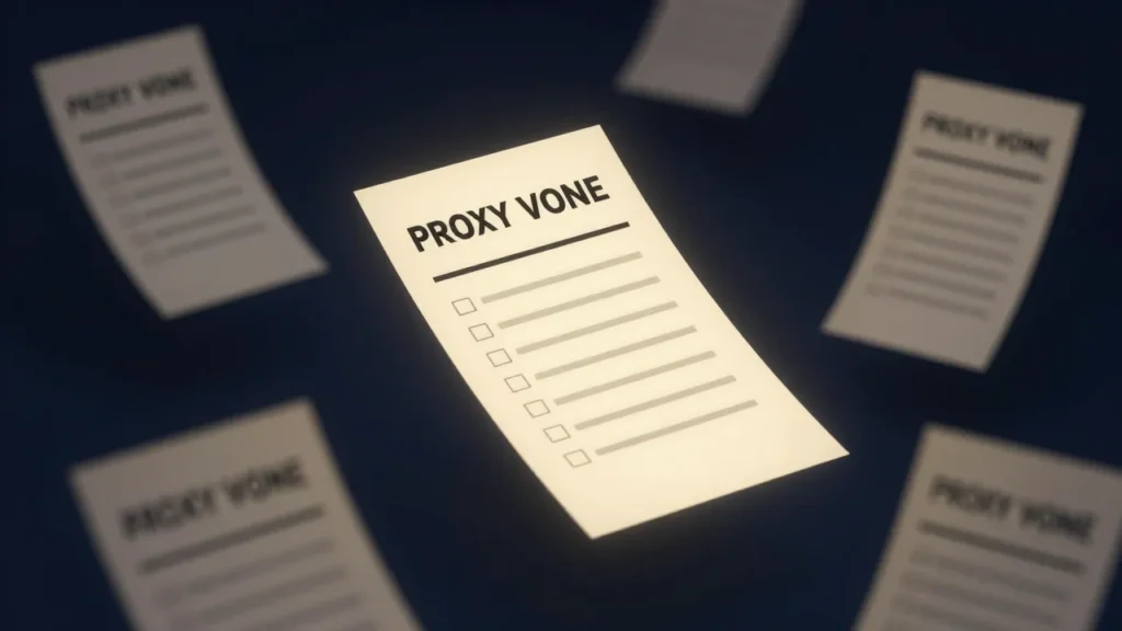 Abstract digital art of corporate proxy voting ballots being analyzed by an AI system replacing traditional advisory services, shareholder governance concept