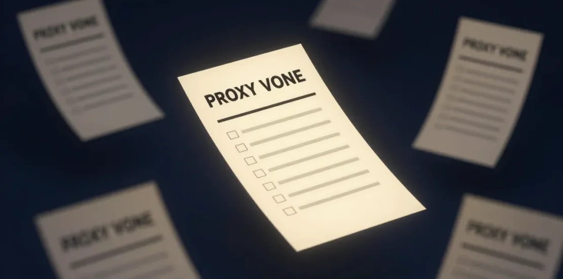 Abstract digital art of corporate proxy voting ballots being analyzed by an AI system replacing traditional advisory services, shareholder governance concept
