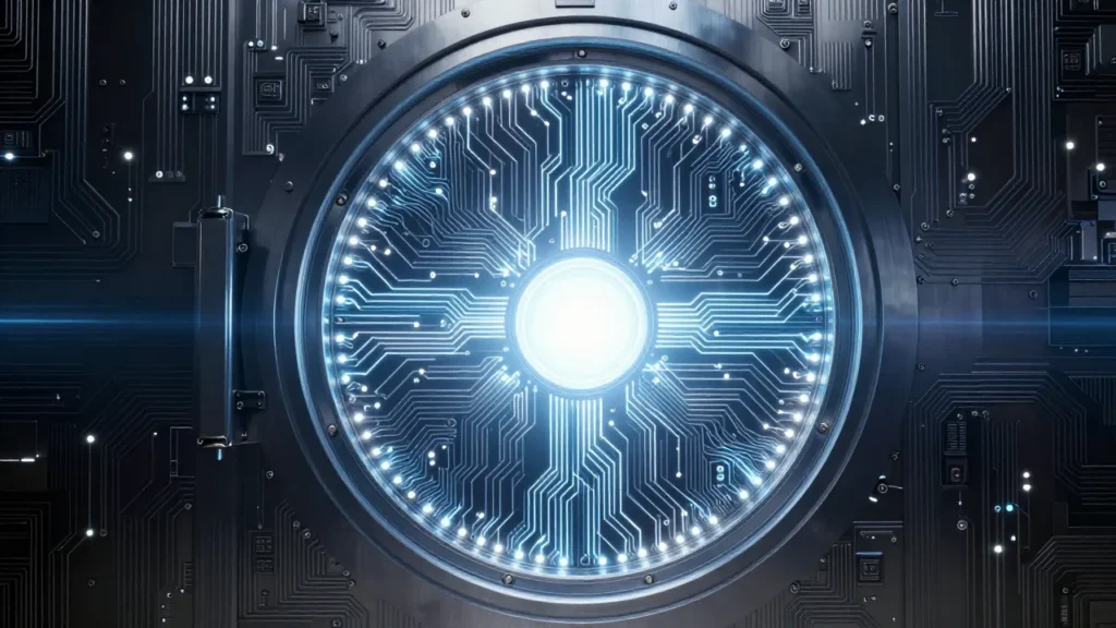 Abstract digital art of a massive vault door made of circuit board patterns and glowing lines protecting a radiant core in deep blue and silver tones