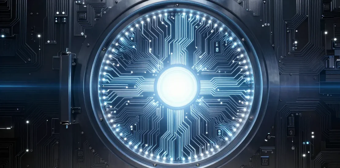 Abstract digital art of a massive vault door made of circuit board patterns and glowing lines protecting a radiant core in deep blue and silver tones