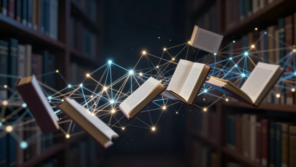 Abstract digital art of floating books dissolving and transforming into glowing neural network connections and data streams with blue and gold colors