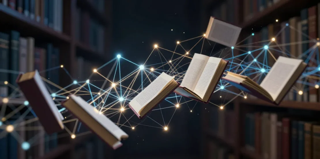 Abstract digital art of floating books dissolving and transforming into glowing neural network connections and data streams with blue and gold colors