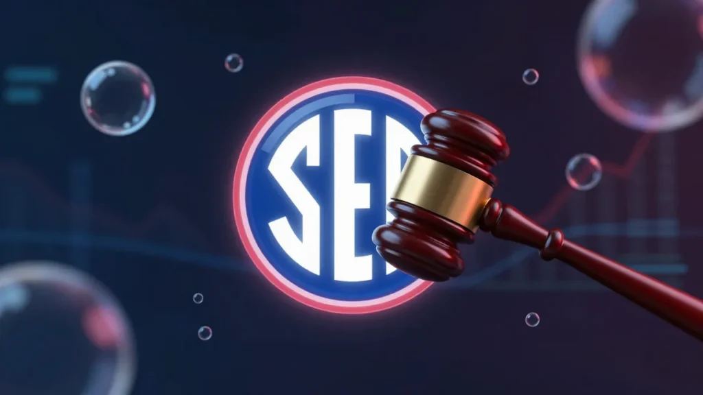 Abstract digital art of an SEC enforcement gavel striking down on false AI marketing claims represented as glowing bubbles