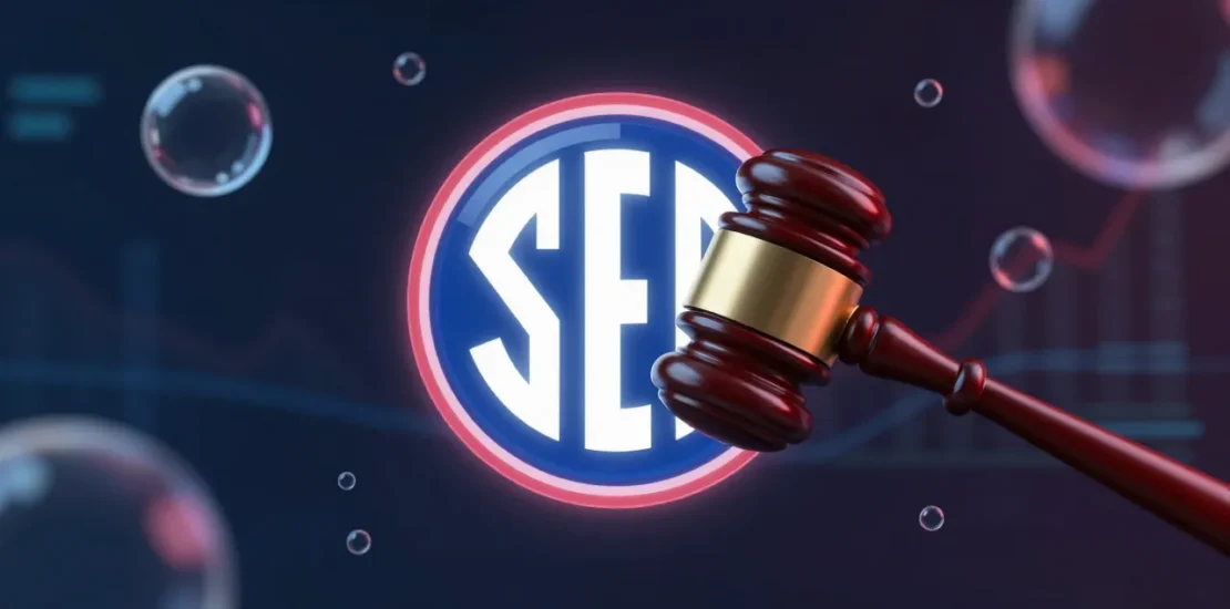 Abstract digital art of an SEC enforcement gavel striking down on false AI marketing claims represented as glowing bubbles