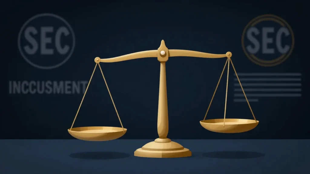Abstract digital art of a corporate disclosure document balanced on scales between truth and exaggeration with SEC enforcement elements in background