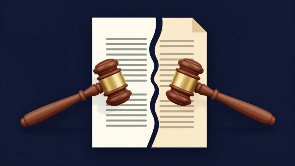 Abstract digital art of two court gavels issuing conflicting rulings over the same AI-generated document, work product protection split concept