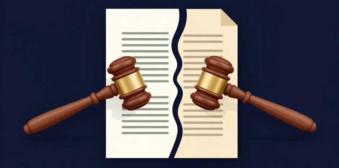 Abstract digital art of two court gavels issuing conflicting rulings over the same AI-generated document, work product protection split concept