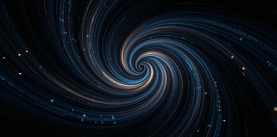 Abstract digital art of algorithmic data streams spiraling into a vortex pattern with blue and amber highlights
