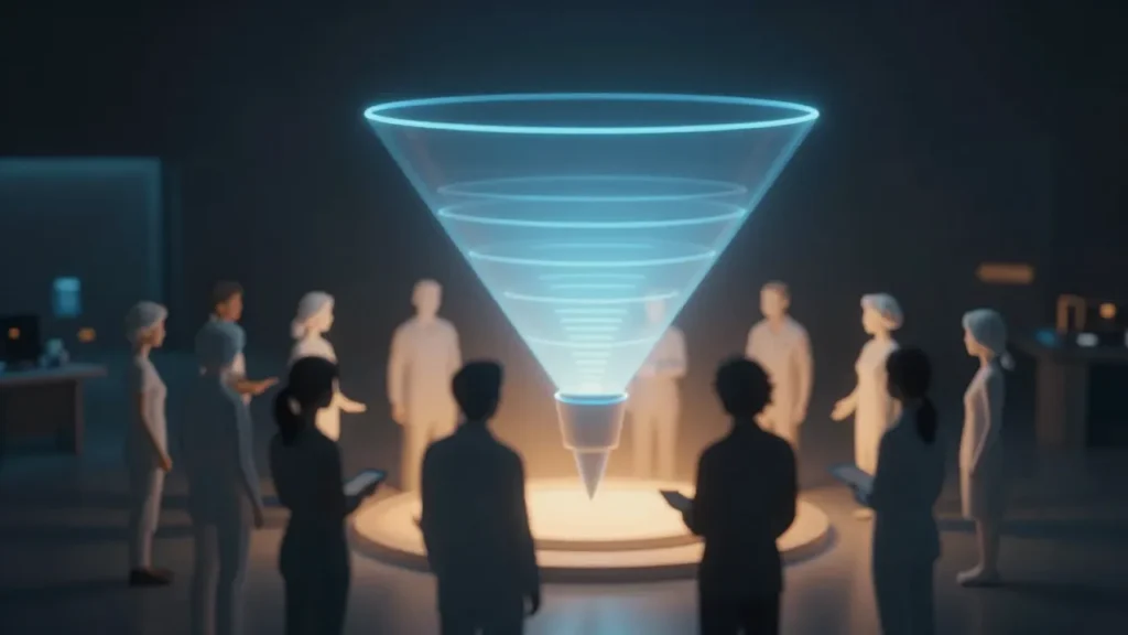 Abstract digital art of a diverse patient population silhouette group being systematically filtered through an AI recruitment algorithm funnel, blue and amber tones
