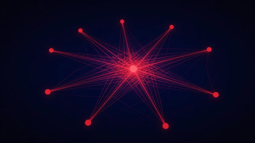 Abstract digital art of a hub-and-spoke pricing network with data commingling at the center node, antitrust algorithmic pricing concept