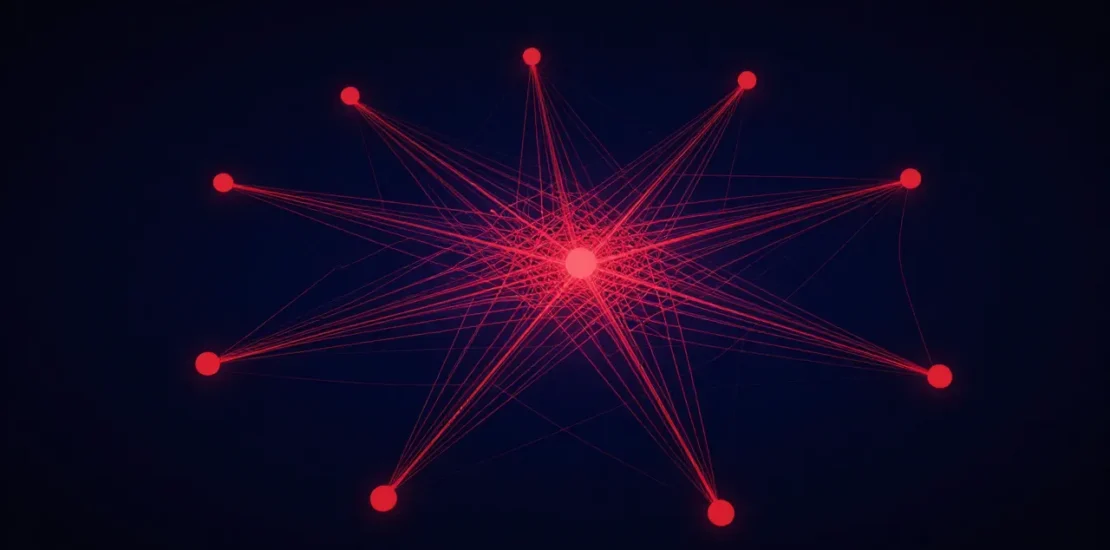 Abstract digital art of a hub-and-spoke pricing network with data commingling at the center node, antitrust algorithmic pricing concept