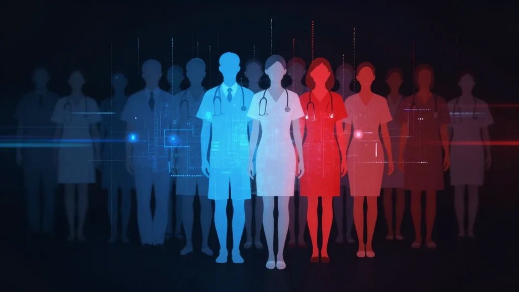 Abstract digital art of a medical AI training dataset with imbalanced population visualization showing data gaps, blue and red warning tones representing bias risks