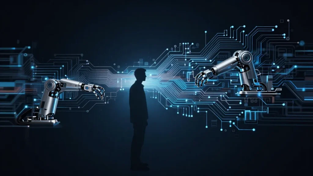Abstract digital art of a worker silhouette dissolving into AI automation circuits and robotic elements in deep blue and silver tones