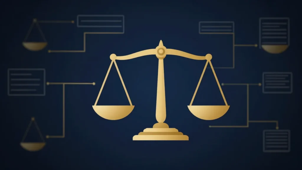 Abstract digital art of scales of justice with algorithmic decision flowchart patterns in the background, representing AI employment equity and legal compliance