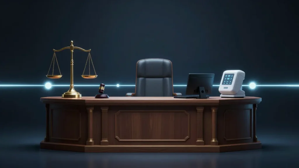 Abstract digital art of a judge's bench with an AI tool nearby separated by a glowing ethical boundary line, judicial ethics concept