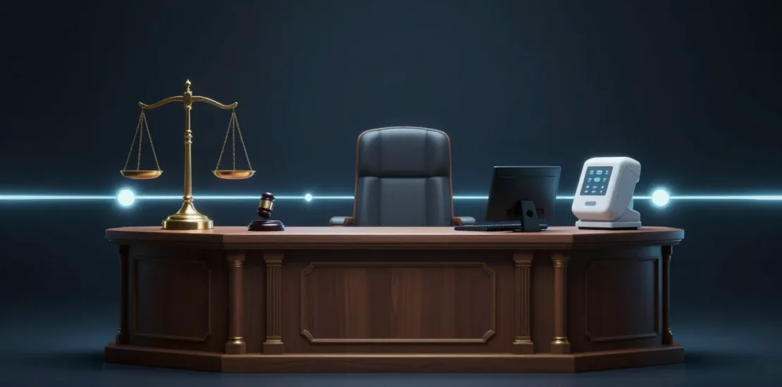 Abstract digital art of a judge's bench with an AI tool nearby separated by a glowing ethical boundary line, judicial ethics concept