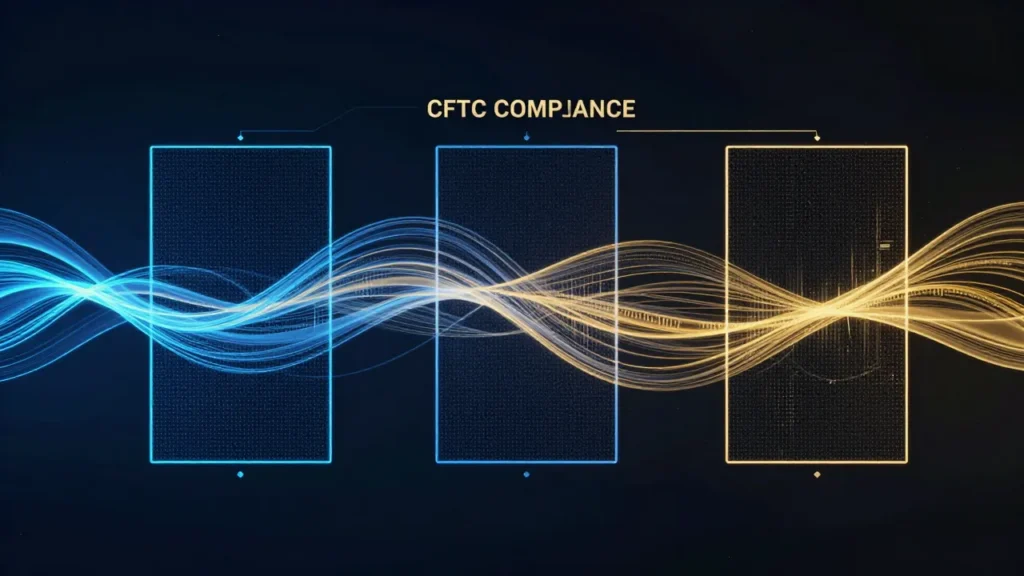 Abstract digital art of derivatives trading data streams flowing through a CFTC compliance framework represented as structured regulatory gates, financial markets concept