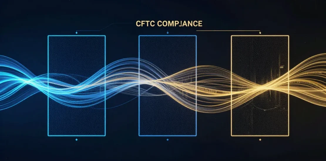Abstract digital art of derivatives trading data streams flowing through a CFTC compliance framework represented as structured regulatory gates, financial markets concept