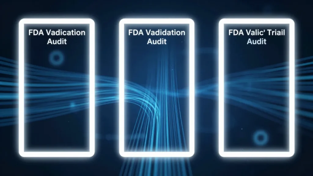 Abstract digital art of clinical trial data flowing through an FDA validation and audit framework represented as structured glowing gates