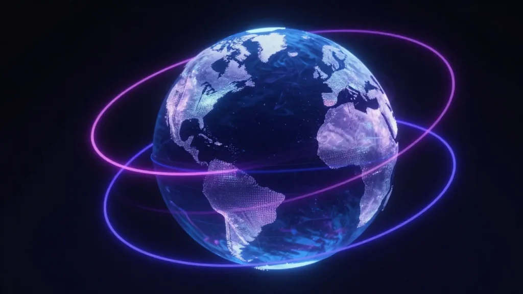 Abstract digital art of a globe with four categories of algorithmic collusion orbiting it as distinct colored rings, CMA competition framework concept