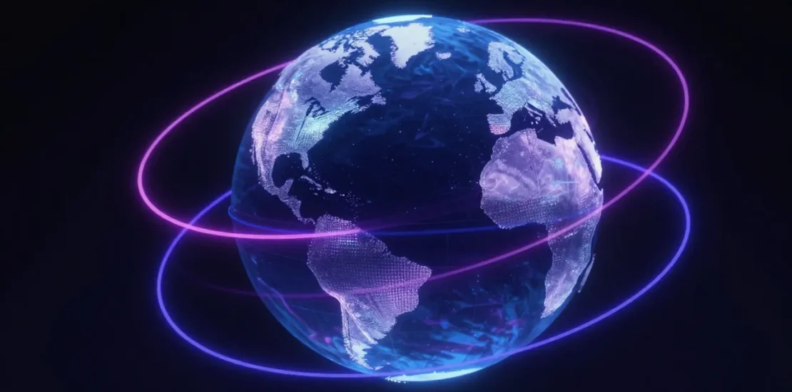 Abstract digital art of a globe with four categories of algorithmic collusion orbiting it as distinct colored rings, CMA competition framework concept