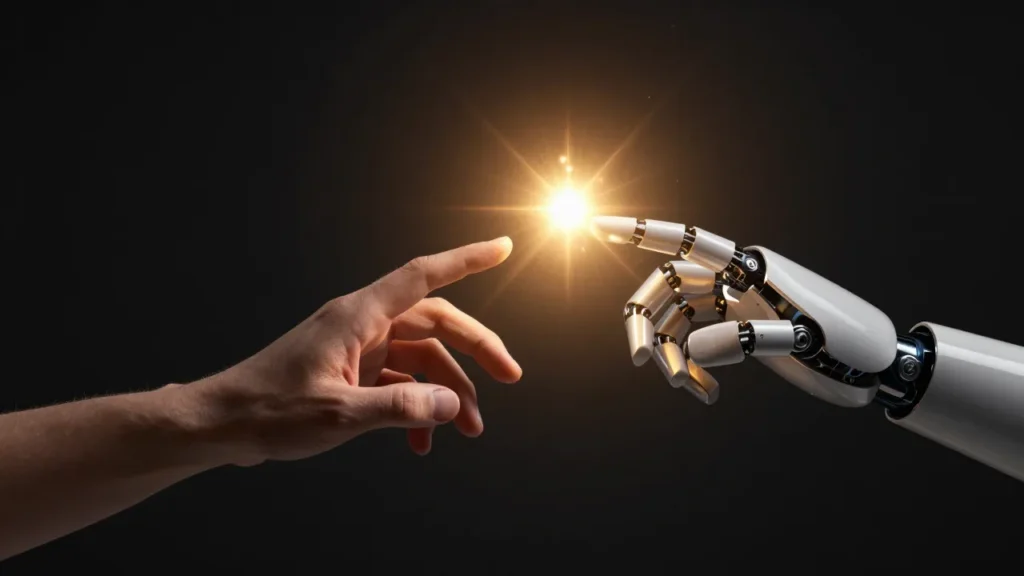Abstract digital art of a human hand and a robotic hand reaching toward the same glowing creative spark, dark background with golden light