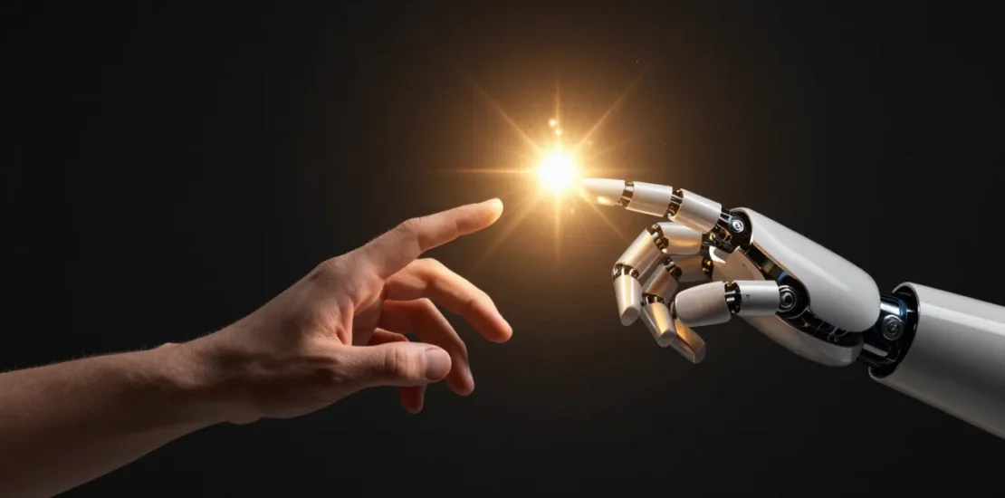 Abstract digital art of a human hand and a robotic hand reaching toward the same glowing creative spark, dark background with golden light