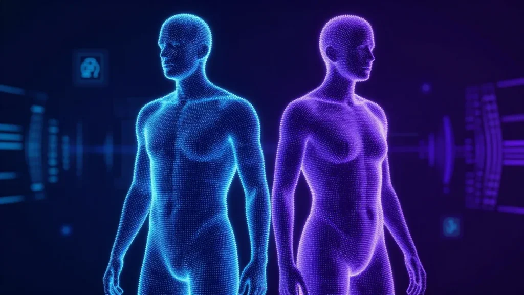 Abstract digital art of a human silhouette made of glowing particles with a digital twin mirror image and biometric scanning patterns in blue and violet tones on a dark background