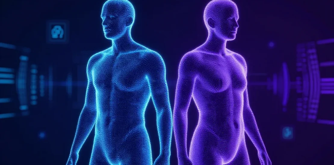 Abstract digital art of a human silhouette made of glowing particles with a digital twin mirror image and biometric scanning patterns in blue and violet tones on a dark background