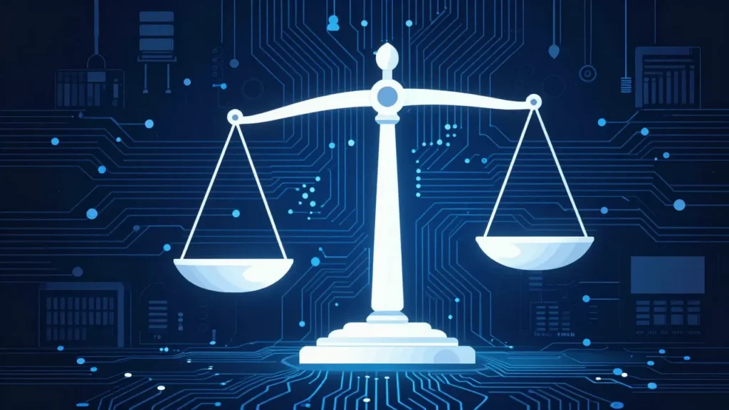 Abstract digital art of tilting scales of justice with an AI circuit board center in deep blue tones