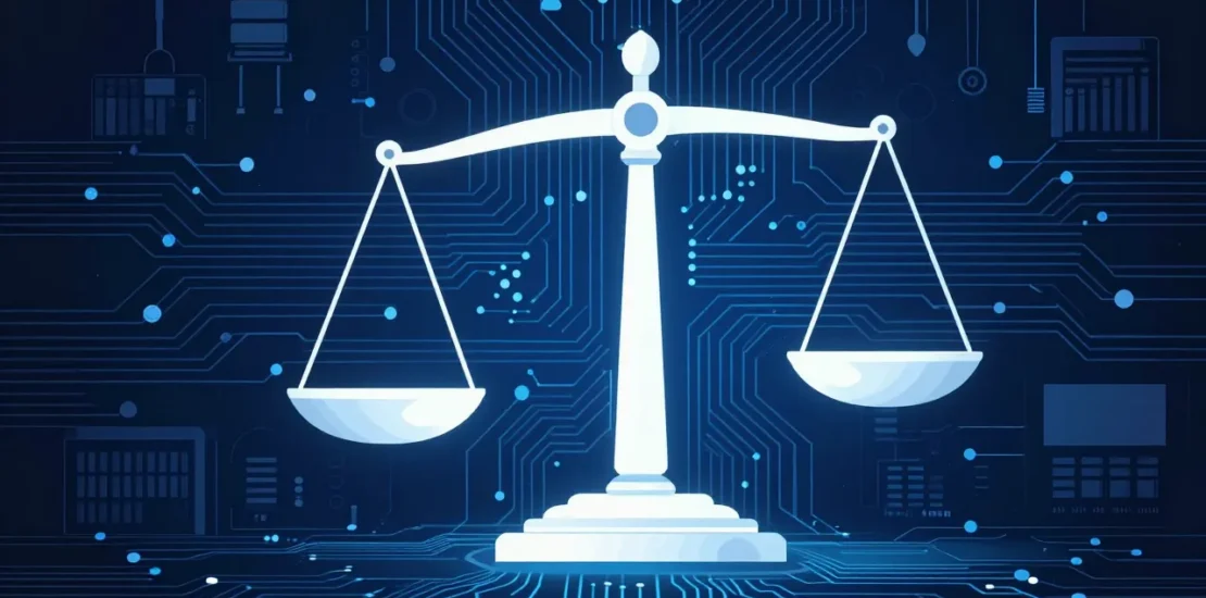 Abstract digital art of tilting scales of justice with an AI circuit board center in deep blue tones