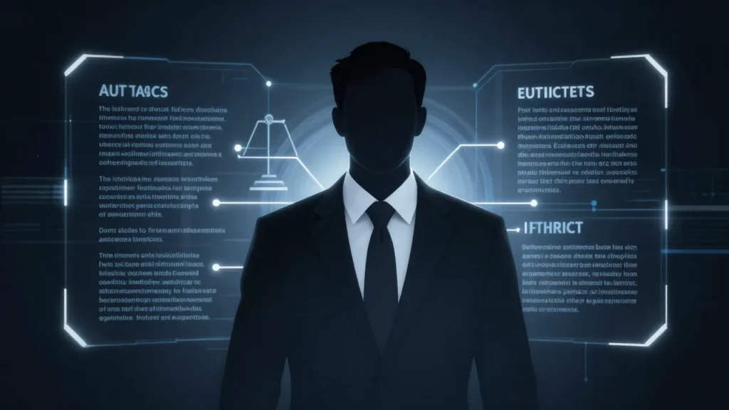 Abstract digital art of an attorney's professional silhouette with an AI tool integrated as a competency extension, bar association ethics framework in background as glowing guidelines