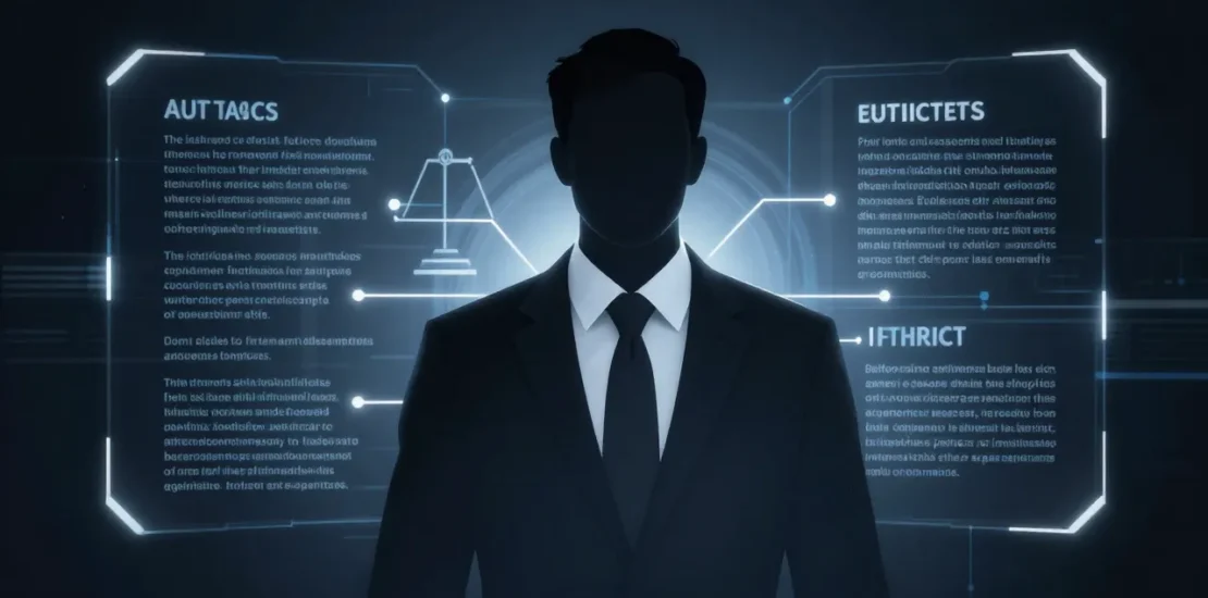 Abstract digital art of an attorney's professional silhouette with an AI tool integrated as a competency extension, bar association ethics framework in background as glowing guidelines