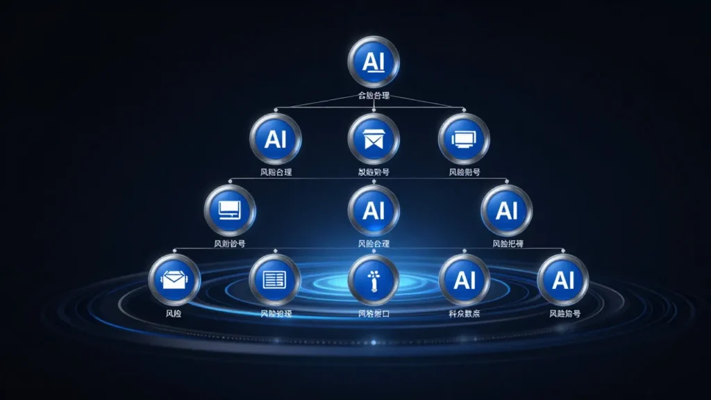 Abstract digital art of a tiered enterprise AI governance organizational structure with risk-classified AI nodes at different tiers, corporate framework concept