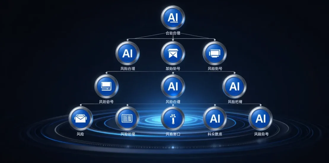 Abstract digital art of a tiered enterprise AI governance organizational structure with risk-classified AI nodes at different tiers, corporate framework concept