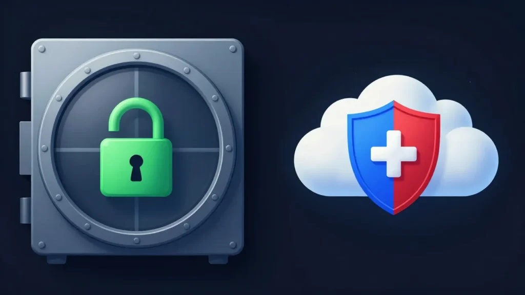 Abstract digital art showing two AI platforms side by side — one locked inside a secure enterprise vault and one open to the public cloud — with different privilege shield states