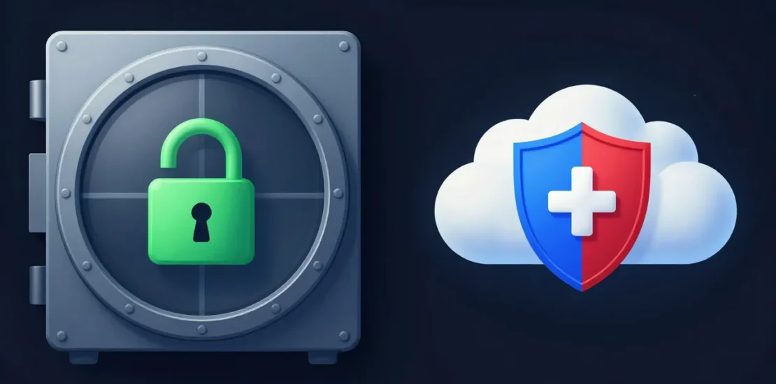 Abstract digital art showing two AI platforms side by side — one locked inside a secure enterprise vault and one open to the public cloud — with different privilege shield states