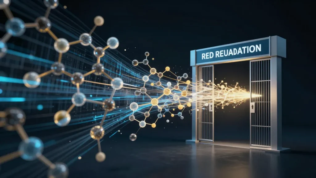 Abstract digital art of molecular compound structures transforming into AI data streams flowing toward an FDA regulatory validation gate, drug discovery science concept
