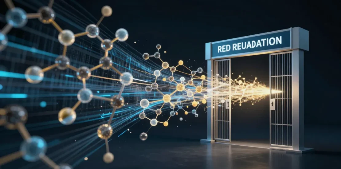 Abstract digital art of molecular compound structures transforming into AI data streams flowing toward an FDA regulatory validation gate, drug discovery science concept