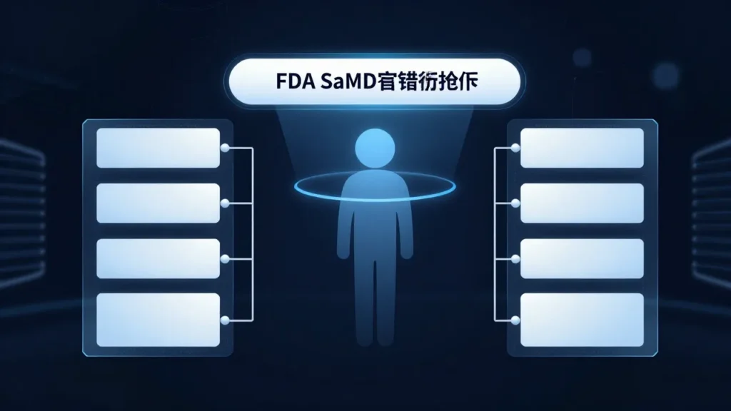 Abstract digital art of a medical AI software module approaching a regulatory classification gateway, representing FDA SaMD determination