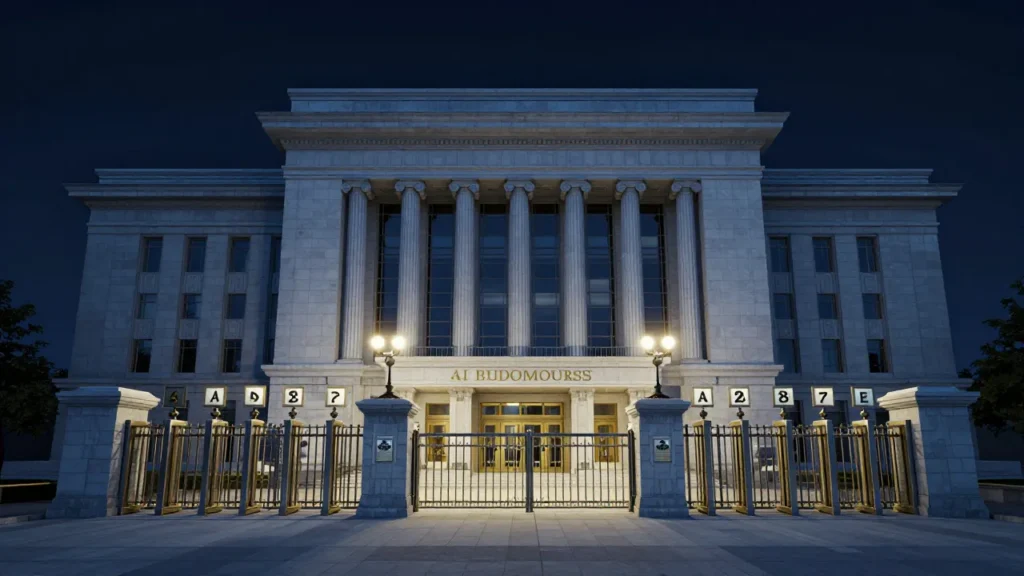Abstract digital art of a federal courthouse with AI disclosure requirement gates at its entrance, multiple jurisdictional compliance concept
