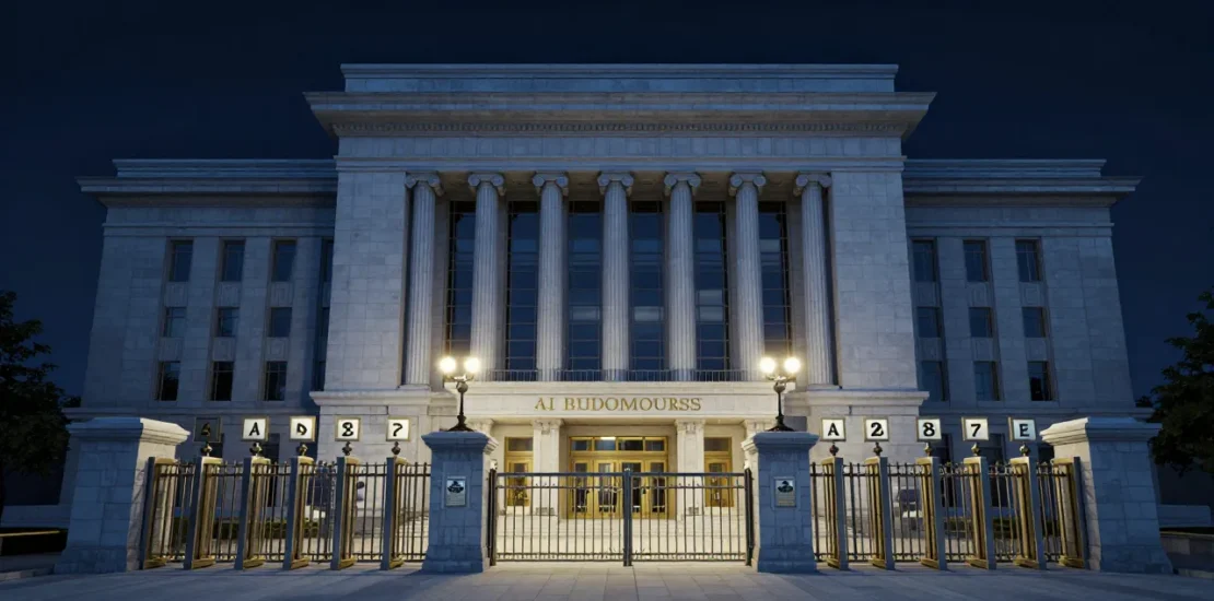 Abstract digital art of a federal courthouse with AI disclosure requirement gates at its entrance, multiple jurisdictional compliance concept