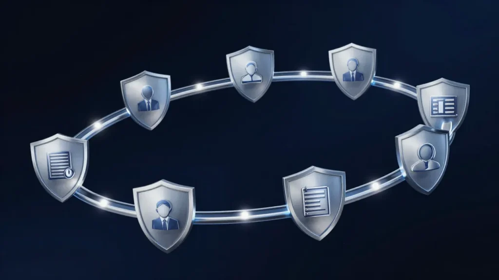 Abstract digital art of a vendor accountability chain with regulatory compliance shields at each link, financial services oversight concept