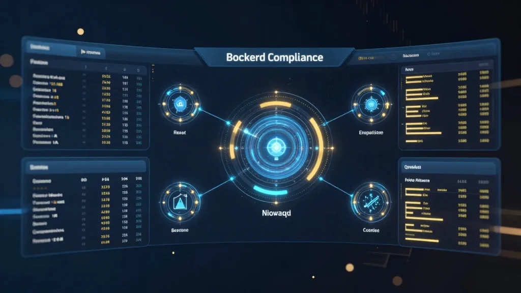 Abstract digital art of a broker-dealer compliance supervision dashboard with AI oversight nodes and regulatory monitoring streams