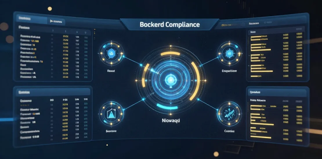 Abstract digital art of a broker-dealer compliance supervision dashboard with AI oversight nodes and regulatory monitoring streams