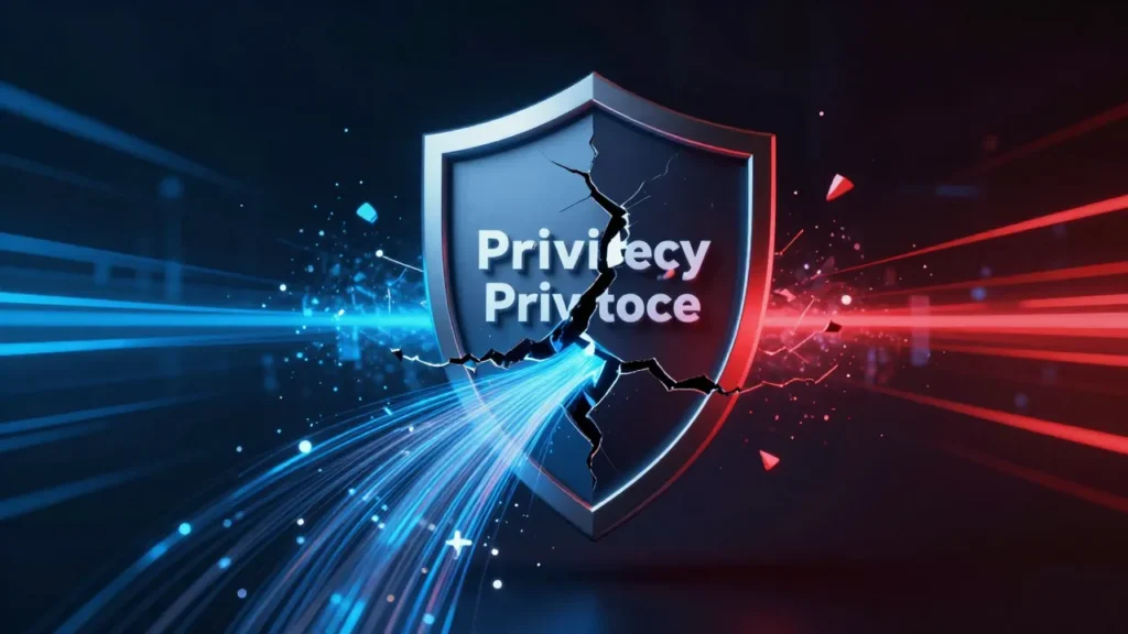 Abstract digital art of an attorney-client privilege shield cracking and breaking as AI platform data streams flow out to a third party, privilege waiver concept