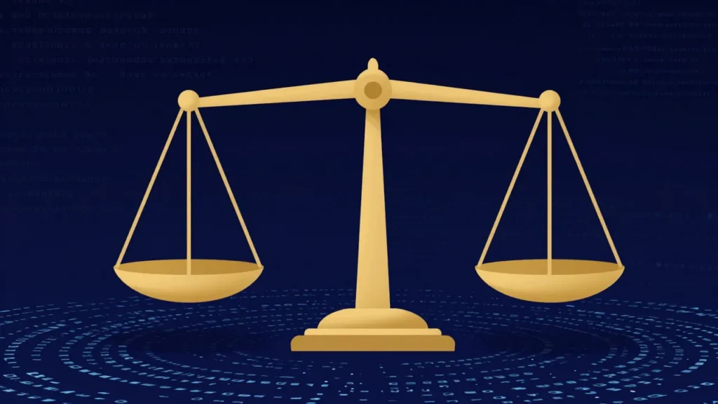 Abstract digital art of balanced scales hovering above swirling data and code fragments in golden and deep blue tones