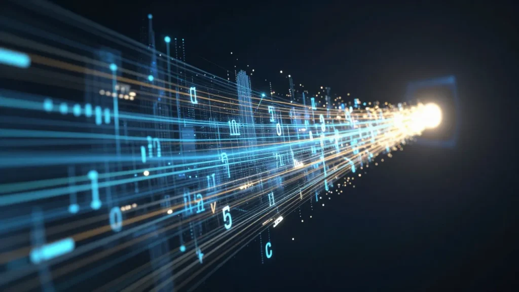 Abstract digital art of algorithmic pricing transparency disclosure flowing out of a pricing engine as glowing data streams, New York compliance concept