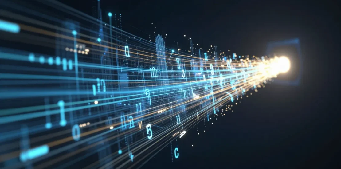 Abstract digital art of algorithmic pricing transparency disclosure flowing out of a pricing engine as glowing data streams, New York compliance concept